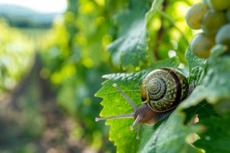 A solitary snail glides along vibrant green vineyard leaves, basking in the gentle sunlight while surrounded by grape clusters in a serene countryside setting.の素材