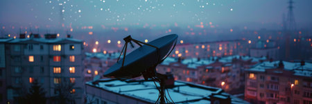 A serene twilight envelops a snow-dusted city, with satellite dishes standing tall against a backdrop of glowing lights and a vast sky dotted with stars.の素材