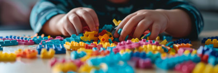 A young child passionately assembles colorful building blocks on a wooden tabletop, fully immersed in imaginative play at home. The vibrant hues create a lively atmosphere.の素材