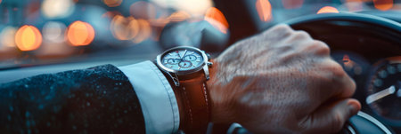 A businessman in a sleek suit focuses on the bustling city while driving, showcasing a sophisticated watch on his wrist against a backdrop of glowing street lights and evening traffic.の素材