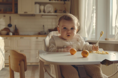 A toddler sits in a high chair, exploring their meal with a fork, surrounded by a bright and inviting kitchen. Oranges lie nearby as sunlight filters through the window, creating a cozy atmosphere.の素材