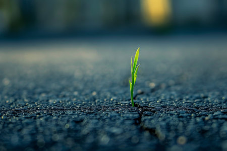 A vibrant green sprout breaks through the harsh, cracked asphalt, illuminated by gentle golden sunlight, symbolizing hope and resilience against adversity in an urban landscape.の素材