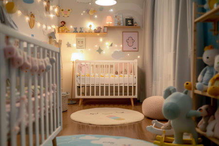 This charming nursery invites tranquility with pastel decor, plush toys, and soft lighting, creating a perfect retreat for a baby. The atmosphere is whimsically serene, ideal for nurturing moments.の素材