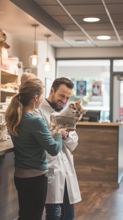 A woman lovingly interacts with a veterinarian while holding her adorable pet. The clinic is welcoming, filled with warmth and attention, showcasing a caring environment for animals.の素材