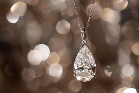 A stunning pear-shaped diamond pendant glistens gracefully, hanging from a delicate chain. Soft, blurred lights in warm hues enhance its brilliance, creating a captivating visual display.の素材