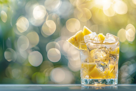 A refreshing cocktail filled with ice and garnished with juicy pineapple pieces glistens in the sunlight, creating a vibrant contrast against a dreamy bokeh backdrop.の素材