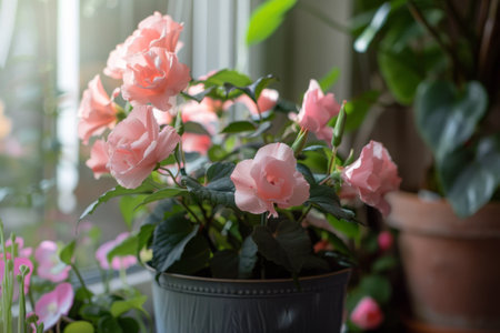 A cluster of soft peach roses captivates with their gentle hues, thriving in a cozy indoor environment filled with green foliage. Sunlight filters through nearby windows, enhancing their charm.の素材