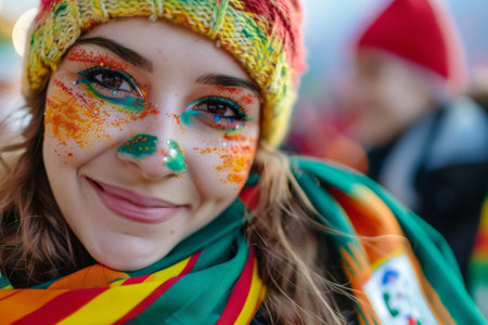 A person adorned with vibrant face paint and a colorful scarf beams with joy at a winter festivalの素材