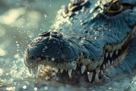 The powerful crocodile emerges from the depths, sunlight glinting off its scales, creating an enchanting spectacle in the cool waterの素材