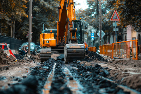 A large orange excavator digs into the ground amidst construction barriers, surrounded by trees. The street is partially dug up, revealing dark soil and gravel, signaling roadwork in progress.の素材