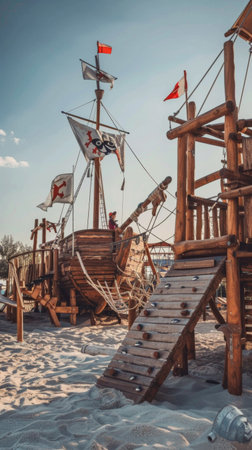 A large wooden pirate ship playground stands on sandy shores, inviting children to explore. Colorful flags wave in the gentle breeze as the sun sets, creating a magical play atmosphere.の素材