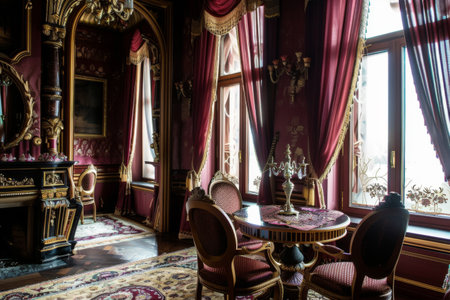 Richly decorated in deep reds and golds, this vintage room features intricate drapery and classical furnishingsの素材