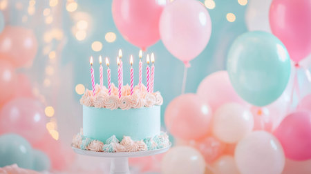 A beautifully decorated pastel cake adorned with pink candles stands amidst colorful balloons, radiating joy and excitement for a birthday celebration filled with happiness and cherished moments.の素材