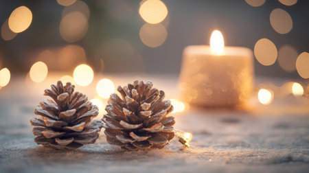 A pair of detailed pine cones sits on a textured surface, glowing in soft candlelight and fairy lights, creating a warm, inviting atmosphere for the festive season.の素材