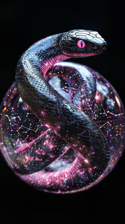 A striking black snake gracefully coils around a vibrant orb filled with swirling galaxies and constellations. Its scales shimmer as stars twinkle within the cosmic backdrop.の素材