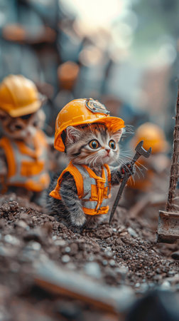 A playful assembly of kittens dressed in bright construction gear diligently work together at a bustling site, surrounded by tools and building materials under the warm afternoon sun.の素材