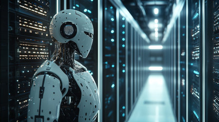 A sleek, humanoid robot gazes into the distance within a modern data center filled with glowing servers, showcasing advanced technology in an innovative setting.の素材