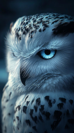 A striking snowy owl captivates with its piercing blue eyes and patterned feathers, perched in a snow-laden forest, illuminated by the soft glow of moonlight, evoking a sense of mystery and beauty.の素材