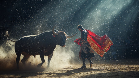 Under dramatic lighting, a matador in a vibrant red cape confronts a powerful bull.の素材
