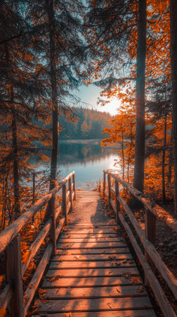 A wooden bridge stretches over a peaceful lake, bathed in warm sunset light. Golden and orange leaves frame the scene, creating a serene atmosphere ideal for reflection and relaxation.の素材
