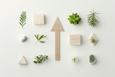 An artistic arrangement of various plants and geometric wooden shapes creates a harmonious and...