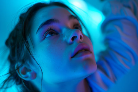 Under a soft blue glow, a young girl with expressive eyes looks upward, lost in thought and imagination, embodying a moment of serene contemplation in a cozy indoor setting.の素材