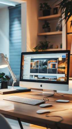 A well-organized workspace showcases a stylish computer on a wooden desk, illuminated by soft lighting. Green plants add a refreshing touch to the cozy environment with warm hues.の素材