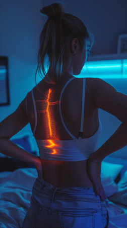 In a softly illuminated space, a woman poses with her hands on her hips, revealing a vibrant, glowing cross on her back. The cool hues create an intriguing atmosphere that captivates the viewer.の素材