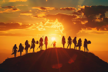 A group of warriors stands confidently atop a hillside, illuminated by the warm glow of a breathtaking sunset. The golden hues create a powerful backdrop, emphasizing their determination and unity.の素材