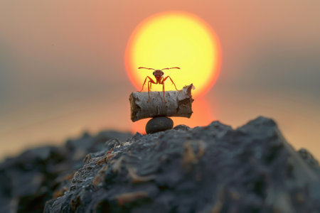 An ant carefully navigates a rocky surface, balancing a small piece of wood while the sun sets dramatically in the background, casting warm hues across the sky and reflecting on the water.の素材