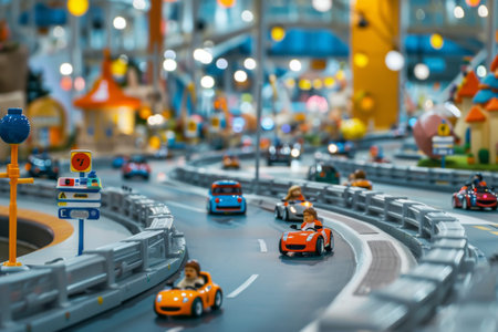 Scale model cars speed around a winding track filled with colorful buildings and playful decorations, showcasing a lively and intricate design that captures the joy of racing.の素材