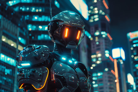 Under the glow of vibrant neon lights, a sleek robot with glowing accents stands tall in a bustling urban environment. Its intricate design showcases the intersection of technology and art.の素材