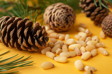 Clusters of pine cones lay alongside scattered pine seeds on a striking yellow background, showing nature's intricate details illuminated by soft daylight.の素材