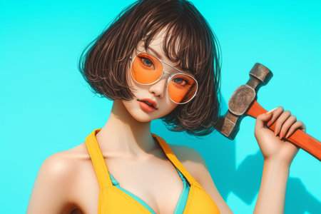 A trendy character in a bright yellow swimsuit and orange sunglasses poses confidently, holding a hammer. The vibrant turquoise background adds to the playful summer vibe of the moment.の素材