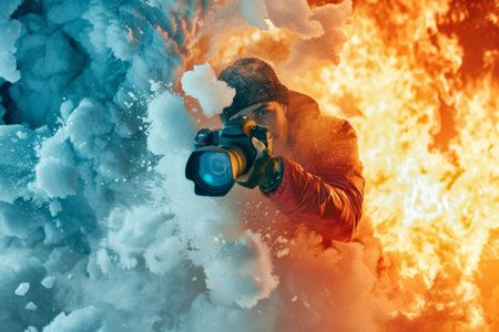 A daring photographer stands poised amid swirling clouds of ice and flames, capturing the powerful contrast of nature's extremes, showing an intense battle between cold and heat.の素材