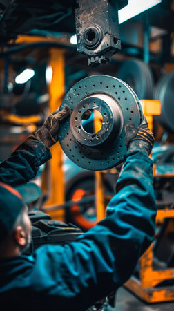 Under the warm glow of workshop lights, a skilled mechanic carefully examines a brake rotor, displaying both expertise and focus amidst a backdrop of equipment and automotive parts.の素材