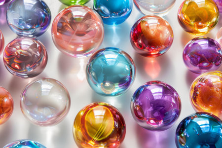A vibrant assortment of glass marbles, each showing unique colors and patterns, are carefully positioned on a smooth white surface, casting enchanting reflections and playful shadows.の素材