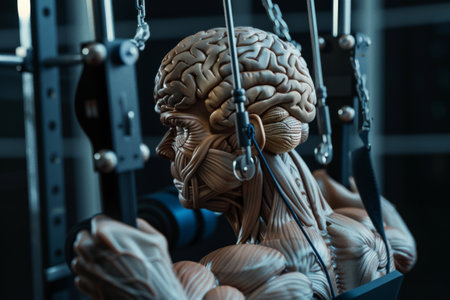 A detailed representation of a muscular physique intertwined with a brain, highlighting the strong relationship between mental and physical strength in a unique artistic concept.の素材