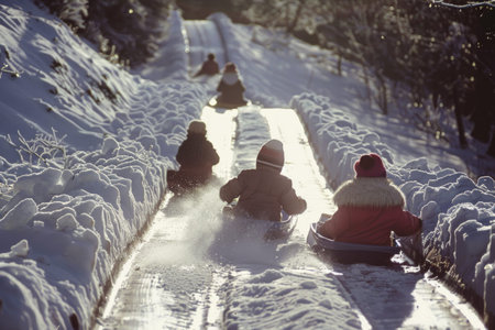 Children excitedly race down a snow-covered hill on colorful sleds, enjoying a beautiful winter day filled with laughter and adventure, surrounded by glistening snow and trees.の素材