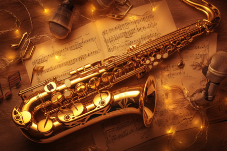 A beautiful golden saxophone lies elegantly atop sheet music, illuminated by warm glowing lights. Microphones are nearby, hinting at an intimate evening of music-making and creativity.の素材