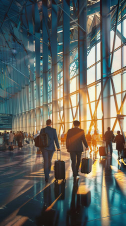 Two travelers move gracefully through a bustling airport terminal. The golden sunlight streams through the glass walls, casting long shadows and illuminating the vibrant energy of departure.の素材
