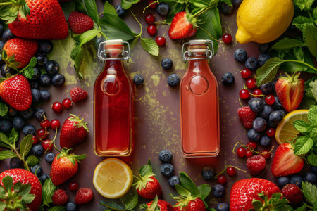 An array of colorful berries and citrus fruits embraces two bottles of refreshing fruit drinks. The vivid hues and natural textures create a delightful feast for the feelings, evoking summer vibes.の素材