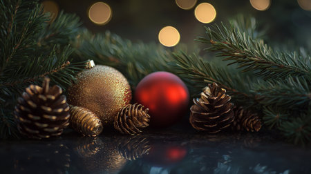 Golden and red ornaments rest among pinecones, surrounded by lush green foliage, set against a dreamy backdrop of twinkling holiday lights, creating a warm festive atmosphere.の素材