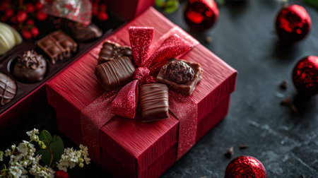 A vibrant red gift box adorned with a sparkling ribbon sits elegantly, showing an array of selectable chocolates. Surrounding it are festive decorations, evoking a joyful holiday spirit.の素材