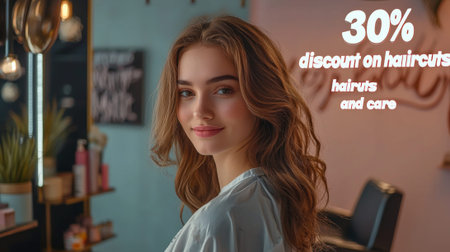 A young woman with flowing hair beams with confidence in a colorful hair salon adorned with modern decor. A sign advertising a 30% discount on haircuts adds to the lively atmosphere.の素材