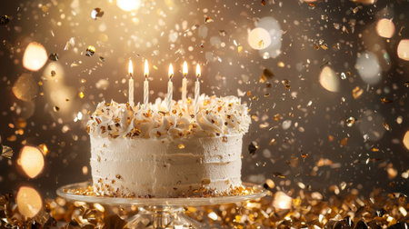 A beautifully decorated cake with lit candles stands amidst a shower of golden confetti, creating a joyful and festive ambiance perfect for a birthday or special celebration.の素材