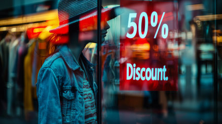 A shopper gazes thoughtfully at a colorful discount sign in a shop window, captivated by the enticing sale while surrounded by a lively urban atmosphere.の素材