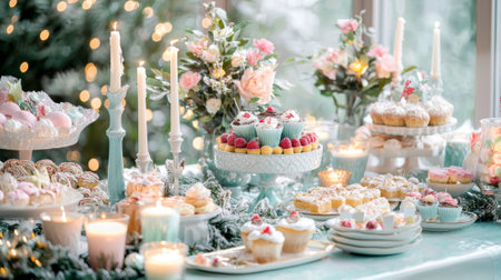 A stunning dessert table brimming with treats, adorned with elegant flowers and glowing candles, sets a warm, inviting atmosphere for winter gatherings.の素材