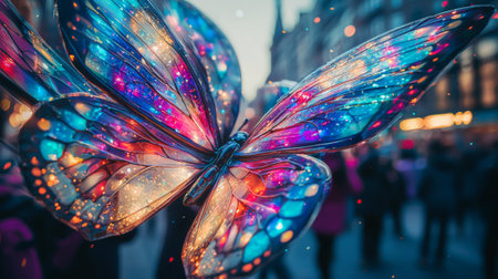 A stunning butterfly adorned with vivid, multicolored patterns flutters gracefully above a lively urban crowd, creating a magical contrast as evening lights begin to twinkle.の素材