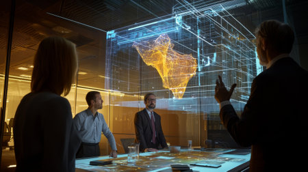 A group of four professionals collaborated in a sleek conference room, captivated by a vibrant holographic display. The technology showcases data visualization, enhancing their strategic planning.の素材